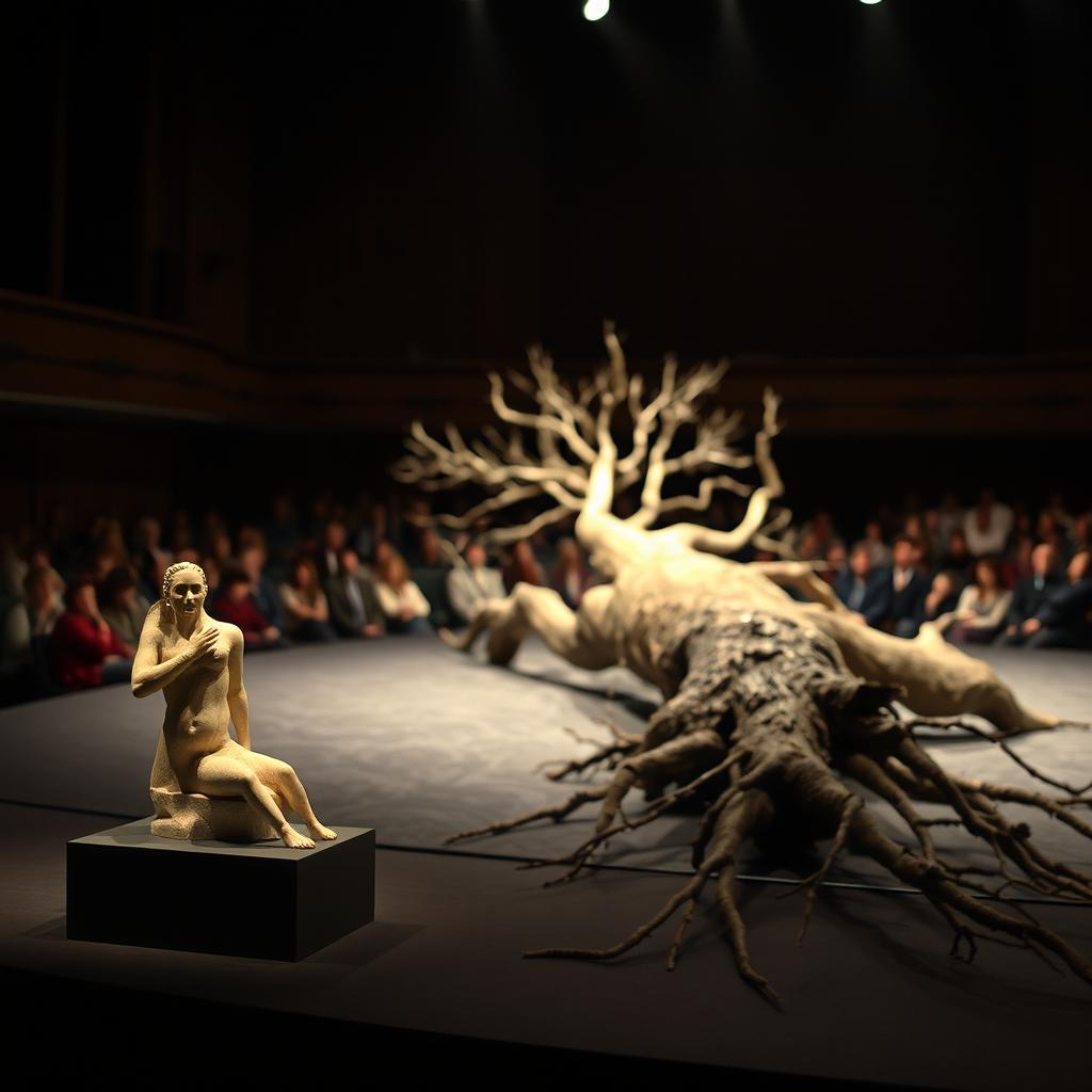 A theatre interior featuring a small abstract sculpture prominently displayed on the front left side of the stage, very close to the audience