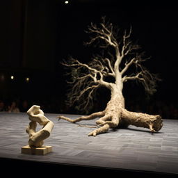 A theatre interior featuring a small abstract sculpture prominently displayed on the front left side of the stage, very close to the audience