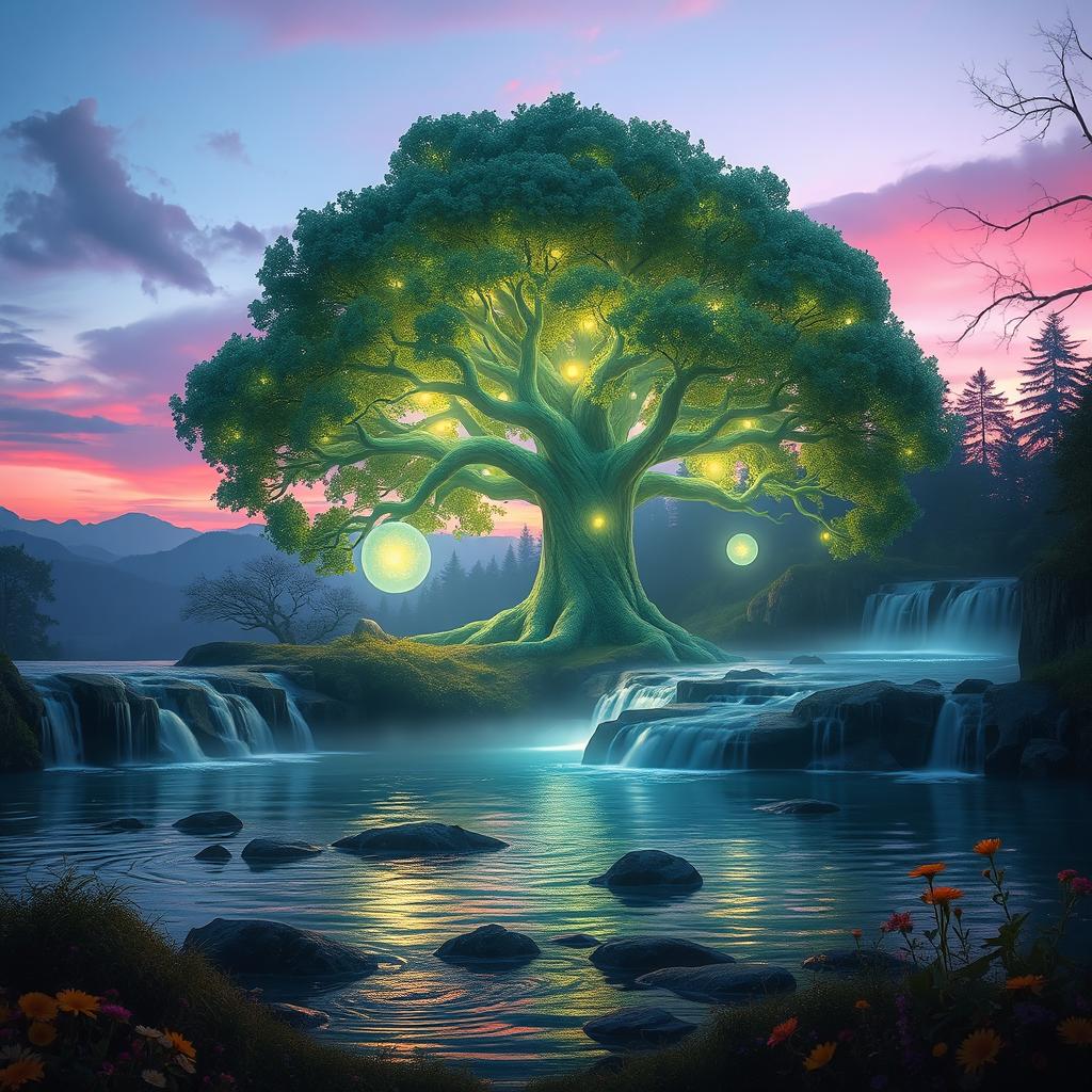 A tranquil, ethereal landscape featuring a massive, glowing tree with luminescent leaves, surrounded by soft, misty waterfalls cascading down a crystal-clear stream