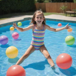 A full body image of a 10 year old girl, full of joy and laughter, playing in a glistening swimming pool with vibrant pool toys around.