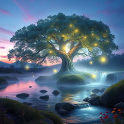 A tranquil, ethereal landscape featuring a massive, glowing tree with luminescent leaves, surrounded by soft, misty waterfalls cascading down a crystal-clear stream