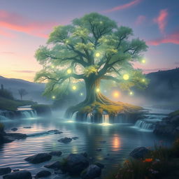 A tranquil, ethereal landscape featuring a massive, glowing tree with luminescent leaves, surrounded by soft, misty waterfalls cascading down a crystal-clear stream