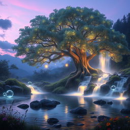 A tranquil, ethereal landscape featuring a massive, glowing tree with luminescent leaves, surrounded by soft, misty waterfalls cascading down a crystal-clear stream