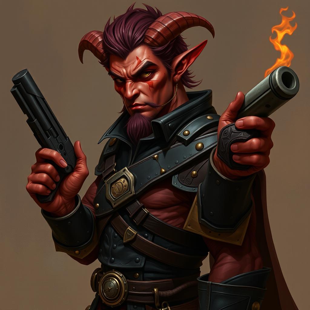 Un tiefling bárbaro llamado Gumong Steamfire, que se presenta como un adulto joven de 32 años en equivalente de edad humana