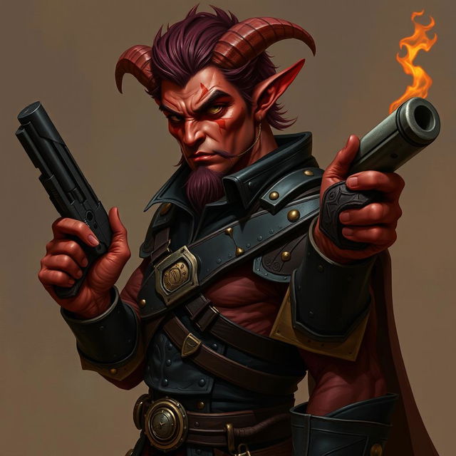 Un tiefling bárbaro llamado Gumong Steamfire, que se presenta como un adulto joven de 32 años en equivalente de edad humana