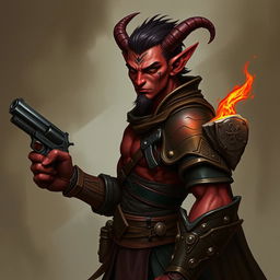 Un tiefling bárbaro llamado Gumong Steamfire, que se presenta como un adulto joven de 32 años en equivalente de edad humana