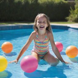 A full body image of a 10 year old girl, full of joy and laughter, playing in a glistening swimming pool with vibrant pool toys around.