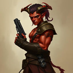 Un tiefling bárbaro llamado Gumong Steamfire, que se presenta como un adulto joven de 32 años en equivalente de edad humana