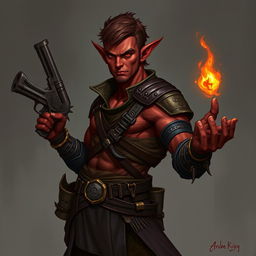 Un tiefling bárbaro llamado Gumong Steamfire, que se presenta como un adulto joven de 32 años en equivalente de edad humana