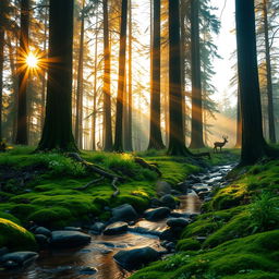 A majestic forest at sunrise, with golden rays of light filtering through the tall, ancient trees