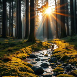 A majestic forest at sunrise, with golden rays of light filtering through the tall, ancient trees