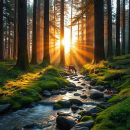 A majestic forest at sunrise, with golden rays of light filtering through the tall, ancient trees