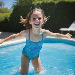 A full body image of a 10-year-old girl, playful and happy, splashing in a lushly blue swimming pool under the sun.