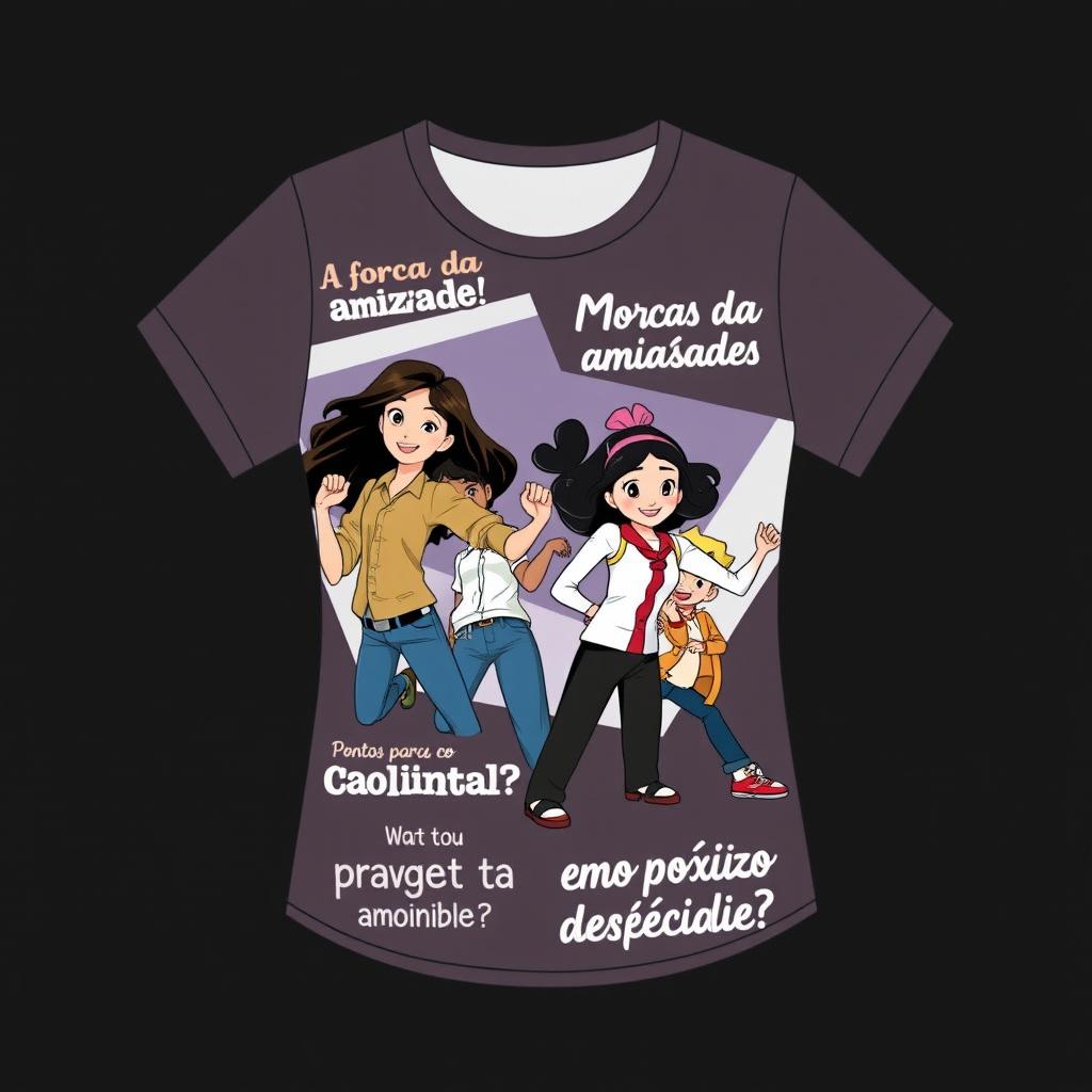 A stylish casual blouse featuring dynamic poses of the main characters Mônica, Cebolinha, Magali, and Cascão in their youthful versions, each character expressing their unique personality