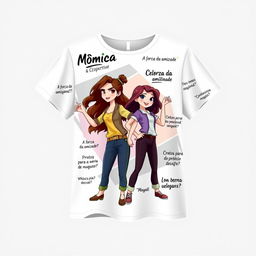 A stylish casual blouse featuring dynamic poses of the main characters Mônica, Cebolinha, Magali, and Cascão in their youthful versions, each character expressing their unique personality