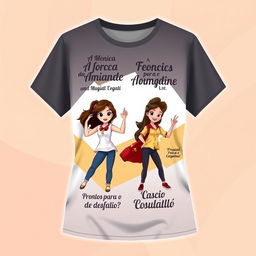 A stylish casual blouse featuring dynamic poses of the main characters Mônica, Cebolinha, Magali, and Cascão in their youthful versions, each character expressing their unique personality