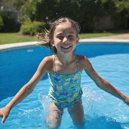 A full body image of a 10-year-old girl, playful and happy, splashing in a lushly blue swimming pool under the sun.