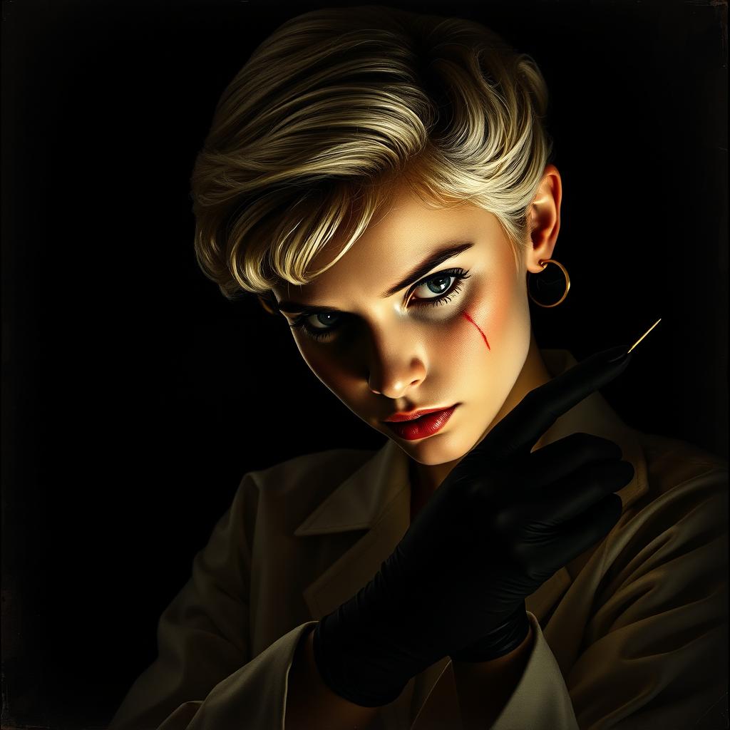 A movie poster titled 'The Spider's', featuring a beautiful young female doctor with pin curl 40s/50s short white hair