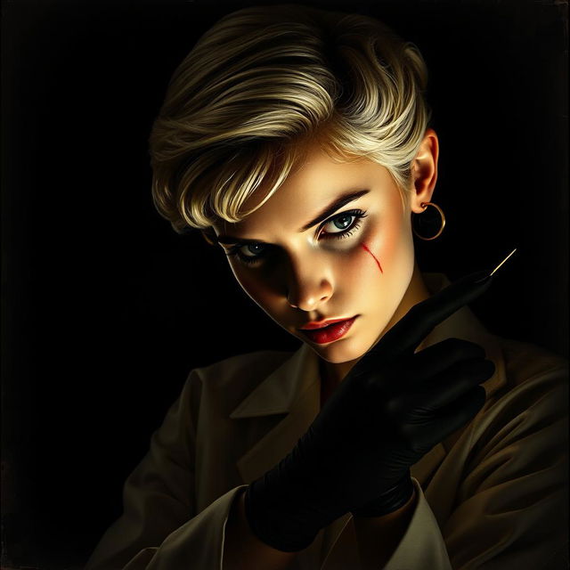 A movie poster titled 'The Spider's', featuring a beautiful young female doctor with pin curl 40s/50s short white hair