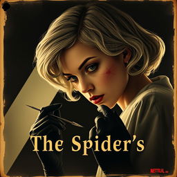 A movie poster titled 'The Spider's', featuring a beautiful young female doctor with pin curl 40s/50s short white hair