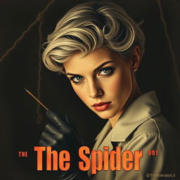 A movie poster titled 'The Spider's', featuring a beautiful young female doctor with pin curl 40s/50s short white hair