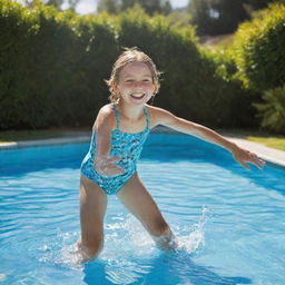 A full body image of a 10-year-old girl, playful and happy, splashing in a lushly blue swimming pool under the sun.