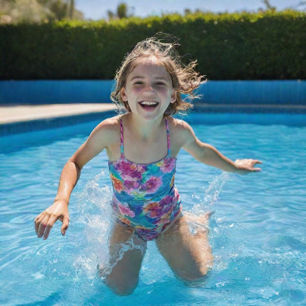 A full body image of a 10-year-old girl, playful and happy, splashing in a lushly blue swimming pool under the sun.