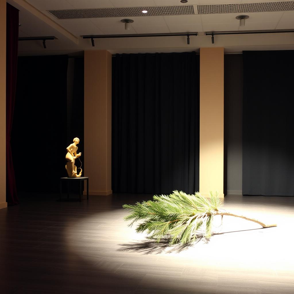 An artistic theatre space featuring a small abstract sculpture elegantly displayed downstage left, attracting the audience's attention with its vibrant forms and colors