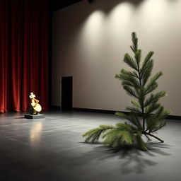 An artistic theatre space featuring a small abstract sculpture elegantly displayed downstage left, attracting the audience's attention with its vibrant forms and colors