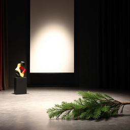 An artistic theatre space featuring a small abstract sculpture elegantly displayed downstage left, attracting the audience's attention with its vibrant forms and colors