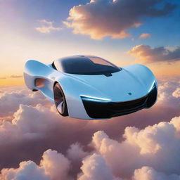 A sleek, futuristic flying car soaring through a sky scattered with fluffy white clouds during a vibrant sunset.