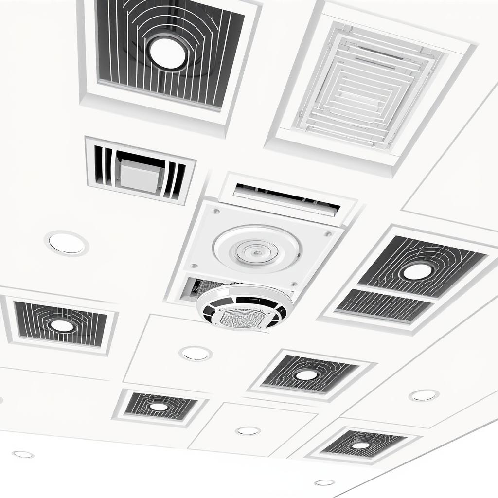 A detailed 2D illustration of an indoor ceiling design that showcases a modern and functional aesthetic