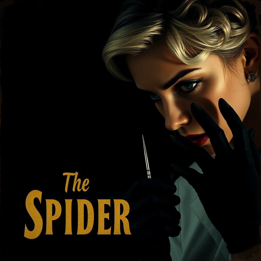 A movie poster titled 'The Spider', featuring a beautiful young female doctor with pin curl 40s/50s short white hair