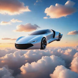 A sleek, futuristic flying car soaring through a sky scattered with fluffy white clouds during a vibrant sunset.