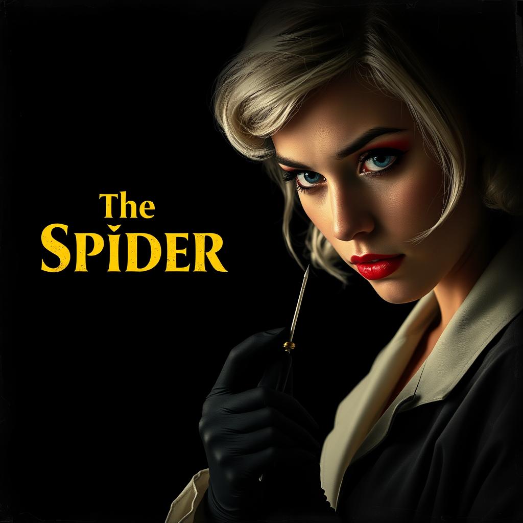 A movie poster titled 'The Spider', featuring a beautiful young female doctor with pin curl 40s/50s short white hair