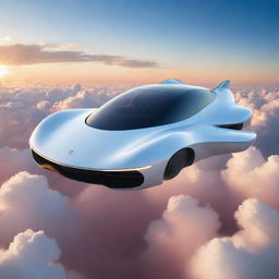 A sleek, futuristic flying car soaring through a sky scattered with fluffy white clouds during a vibrant sunset.