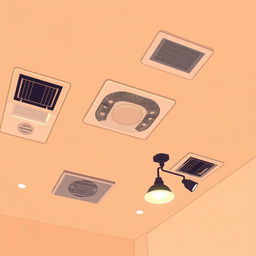 A warm-toned 2D illustration of an indoor ceiling design that highlights modern functionality and style