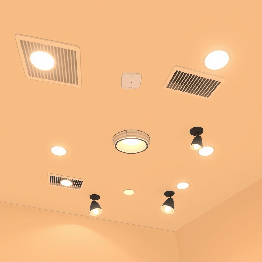 A warm-toned 2D illustration of an indoor ceiling design that highlights modern functionality and style