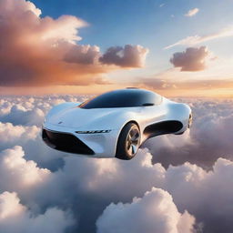 A sleek, futuristic flying car soaring through a sky scattered with fluffy white clouds during a vibrant sunset.