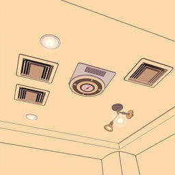 A warm-toned 2D illustration of an indoor ceiling design that highlights modern functionality and style