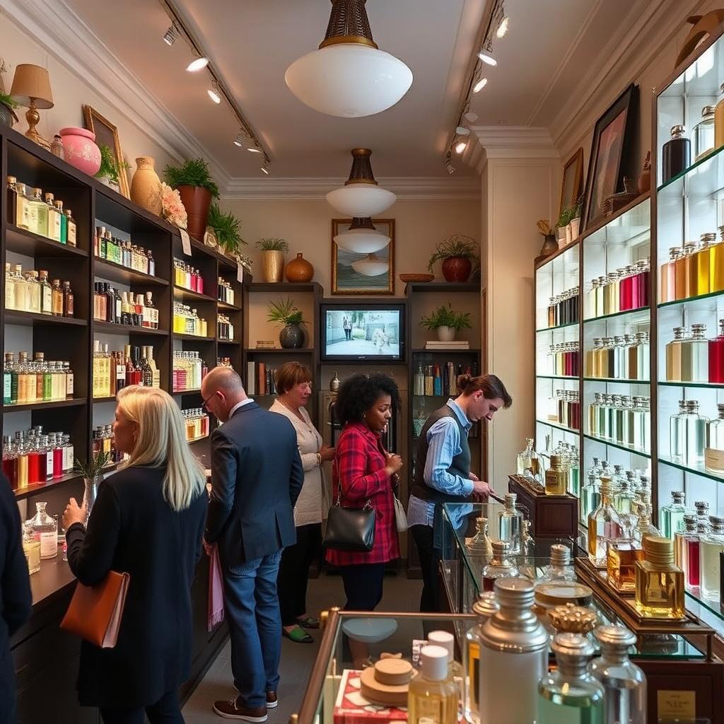 A charming local perfumery with an inviting atmosphere, featuring beautifully designed shelves stocked with an array of colorful perfume bottles