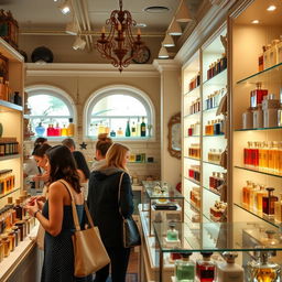 A charming local perfumery with an inviting atmosphere, featuring beautifully designed shelves stocked with an array of colorful perfume bottles