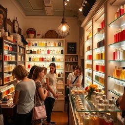 A charming local perfumery with an inviting atmosphere, featuring beautifully designed shelves stocked with an array of colorful perfume bottles