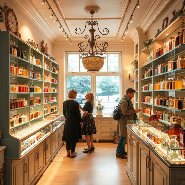 A charming local perfumery with an inviting atmosphere, featuring beautifully designed shelves stocked with an array of colorful perfume bottles