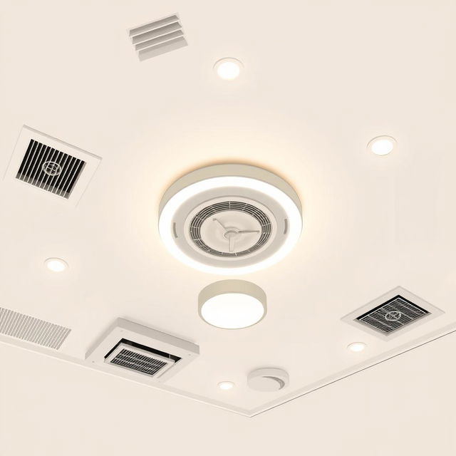 A detailed 2D illustration of an indoor ceiling design, featuring evenly distributed ventilation openings for air conditioning harmoniously integrated into the structure