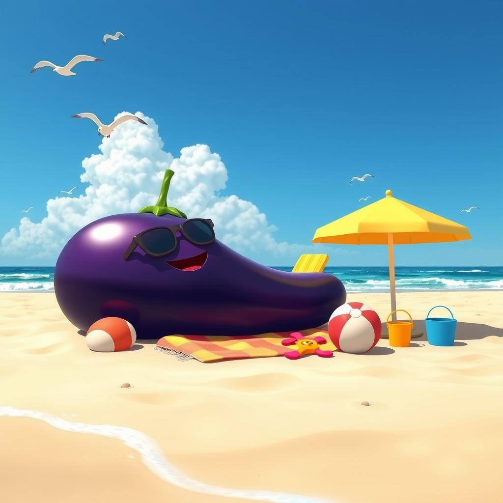 A huge, cartoonish eggplant lying on a sandy beach under a bright blue sky, sunbathing with sunglasses on