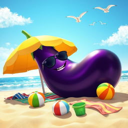 A huge, cartoonish eggplant lying on a sandy beach under a bright blue sky, sunbathing with sunglasses on