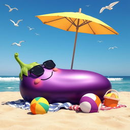 A huge, cartoonish eggplant lying on a sandy beach under a bright blue sky, sunbathing with sunglasses on