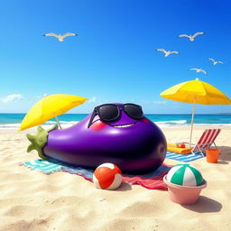 A huge, cartoonish eggplant lying on a sandy beach under a bright blue sky, sunbathing with sunglasses on