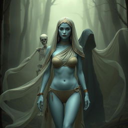 A woman with pale blue skin wearing a skimpily cut two-piece bikini and a one-shoulder top with high-neck design walks through a misty dark forest